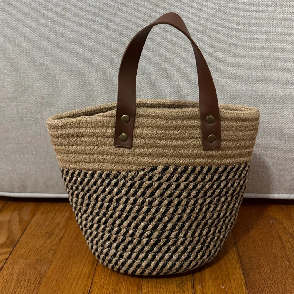 Woven Natural Fiber Coil Style Basket-Brown Faux Leather Hanging Loop-EUC